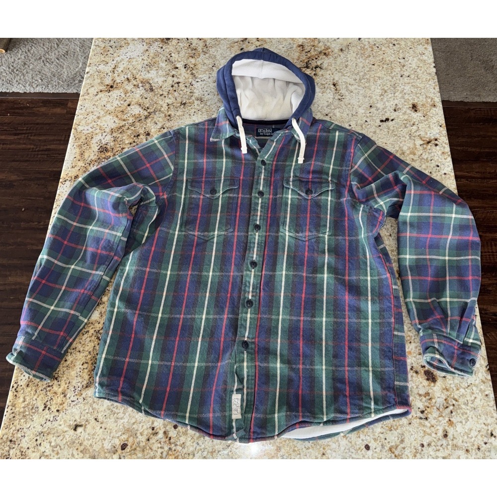 Vtg Y2K Polo Ralph Lauren Plaid Flannel Hooded Shirt Jacket Waffle Knit Mens L
